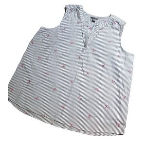 Bass & Co Striped Sleeveless Top XL‎ Gray White V-Neck Umbrella Embroidery EUC